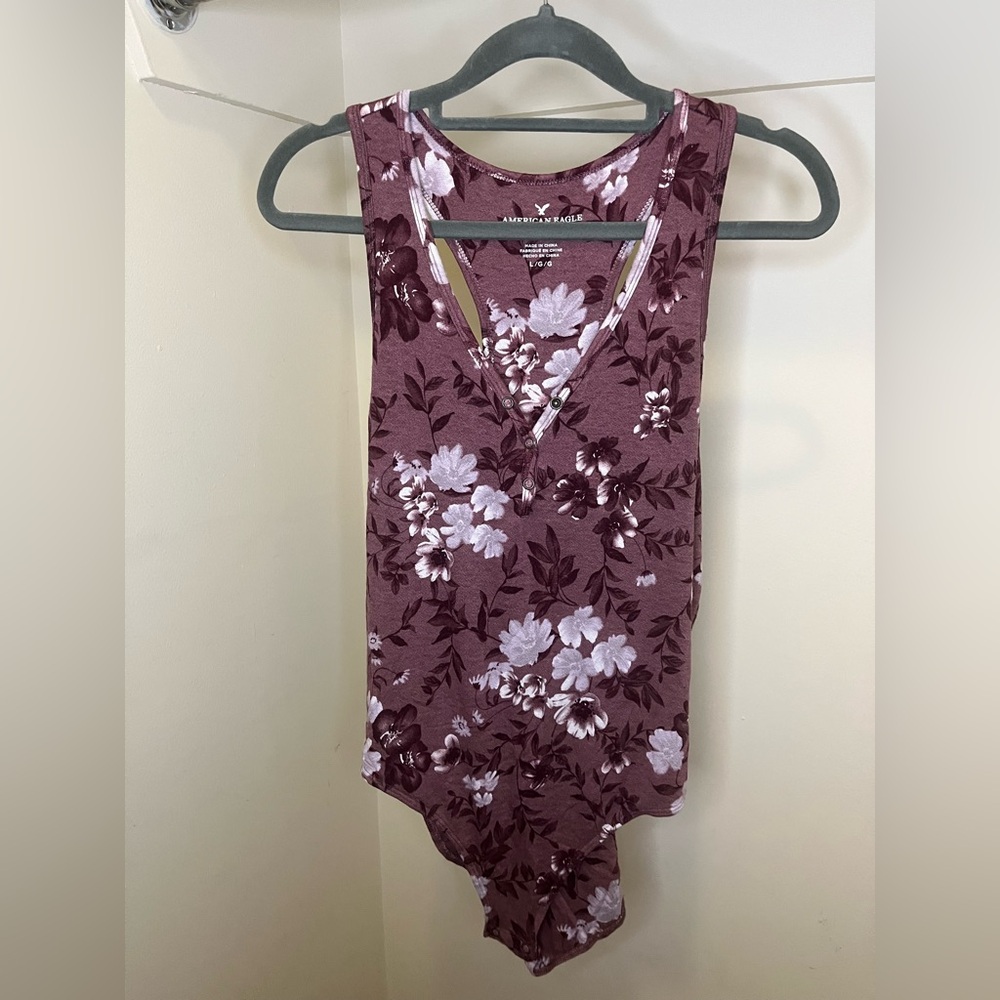 American Eagle Outfitters Floral Bodysuit- Maroon and White